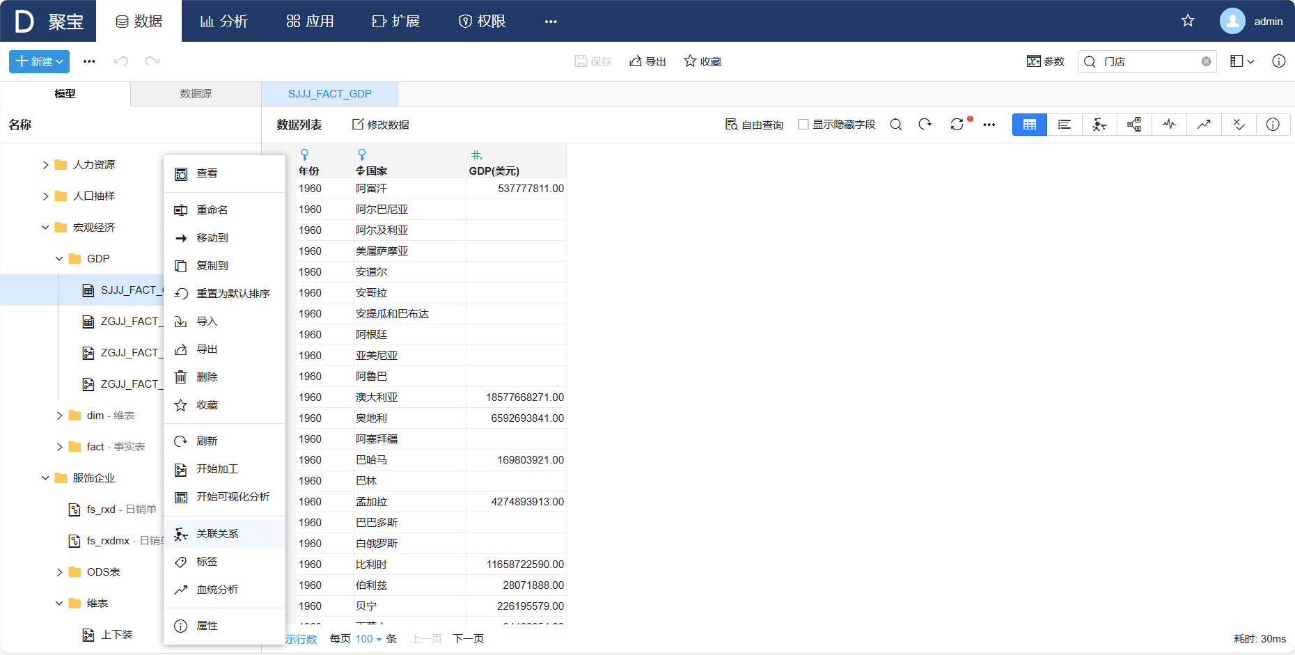 管理关联关系的入口-元数据右键菜单